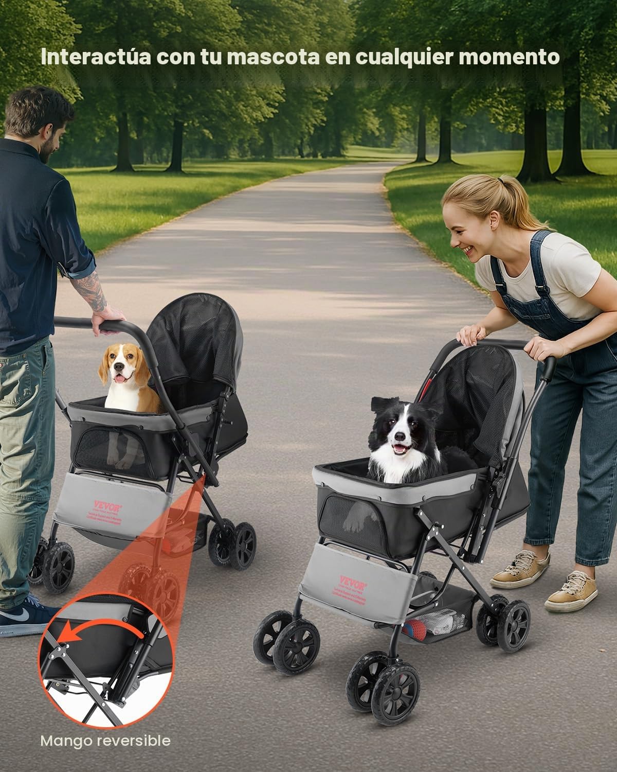 VEVOR Cochecito para Mascotas Capacidad 20kg Carrito Plegable para Perros de 4 Ruedas con Ventana de Malla Asa Reversible Cochecito Portátil Tela Oxford 600D con Freno para Mascotas Pequeñas Medianas