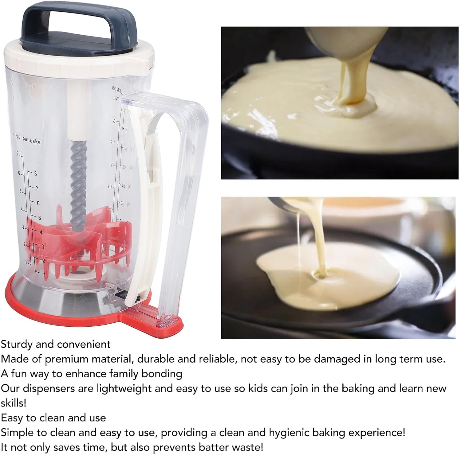Pancake Batter Dispenser with Squeeze Handle, Manual Cupcake Batter Separator, Multifunction Batter Mixer with Measuring Scale, Sturdy ABS Material for Waffles Muffins Brownies Pan