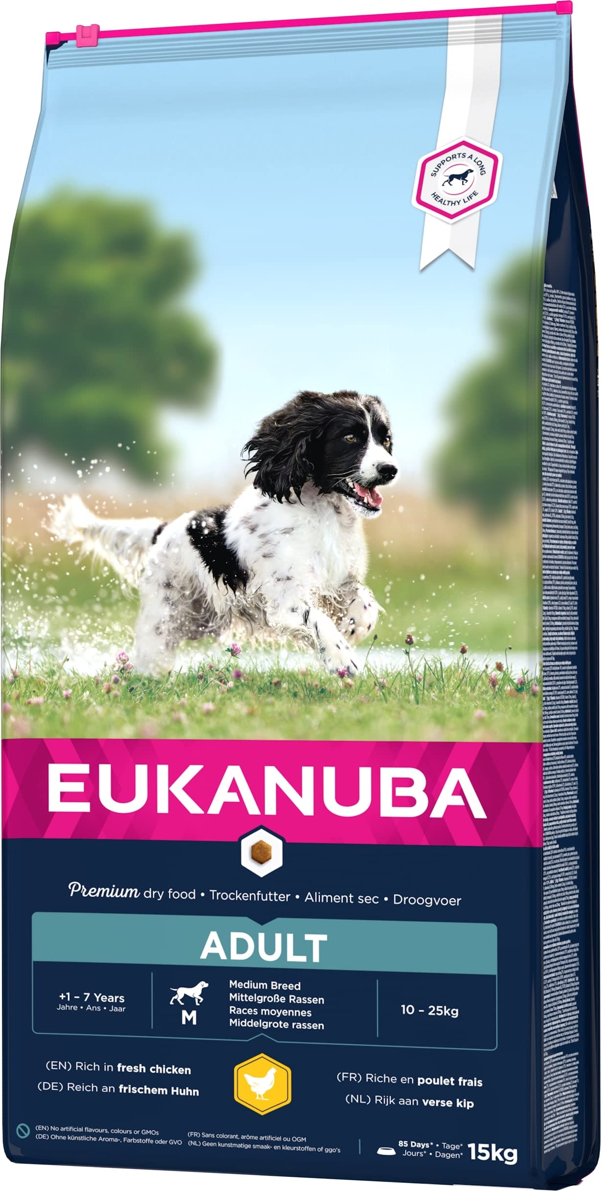 Eukanuba Hundefutter mit frischem Huhn für mittelgroße Rassen, Premium Trockenfutter für ausgewachsene Hunde, 15 kg