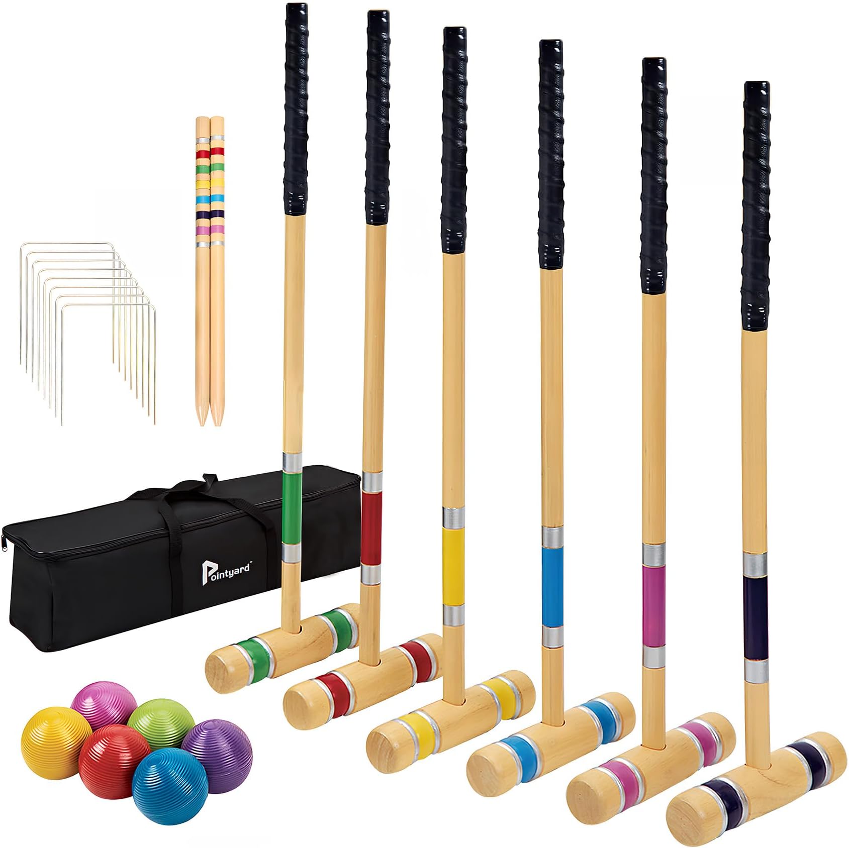 Pointyard 28In Six Player Croquet Set, Universal Szie Croquet Set with Wooden Mallets/Colored Ball/Wickets/Stakes for Lawn/Backyard Game/Park