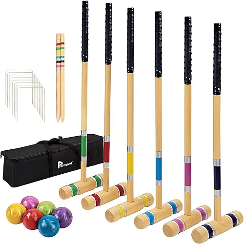 Pointyard Juego de croquet de 28 pulgadas para 6 jugadores, mazos de madera de primera calidad, bolas de colores y bolsa de transporte, juegos al