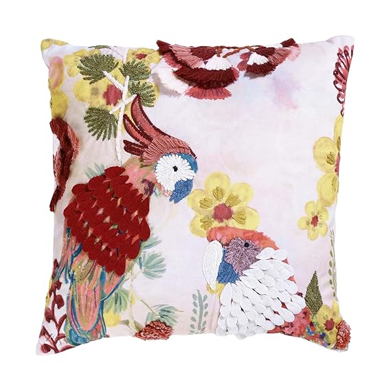 haus & kinder Cotton Printed & Embroidered Decorative Throw Cushion Cover 16x16 In For Living Room Sofa (Pair Of Macaws)