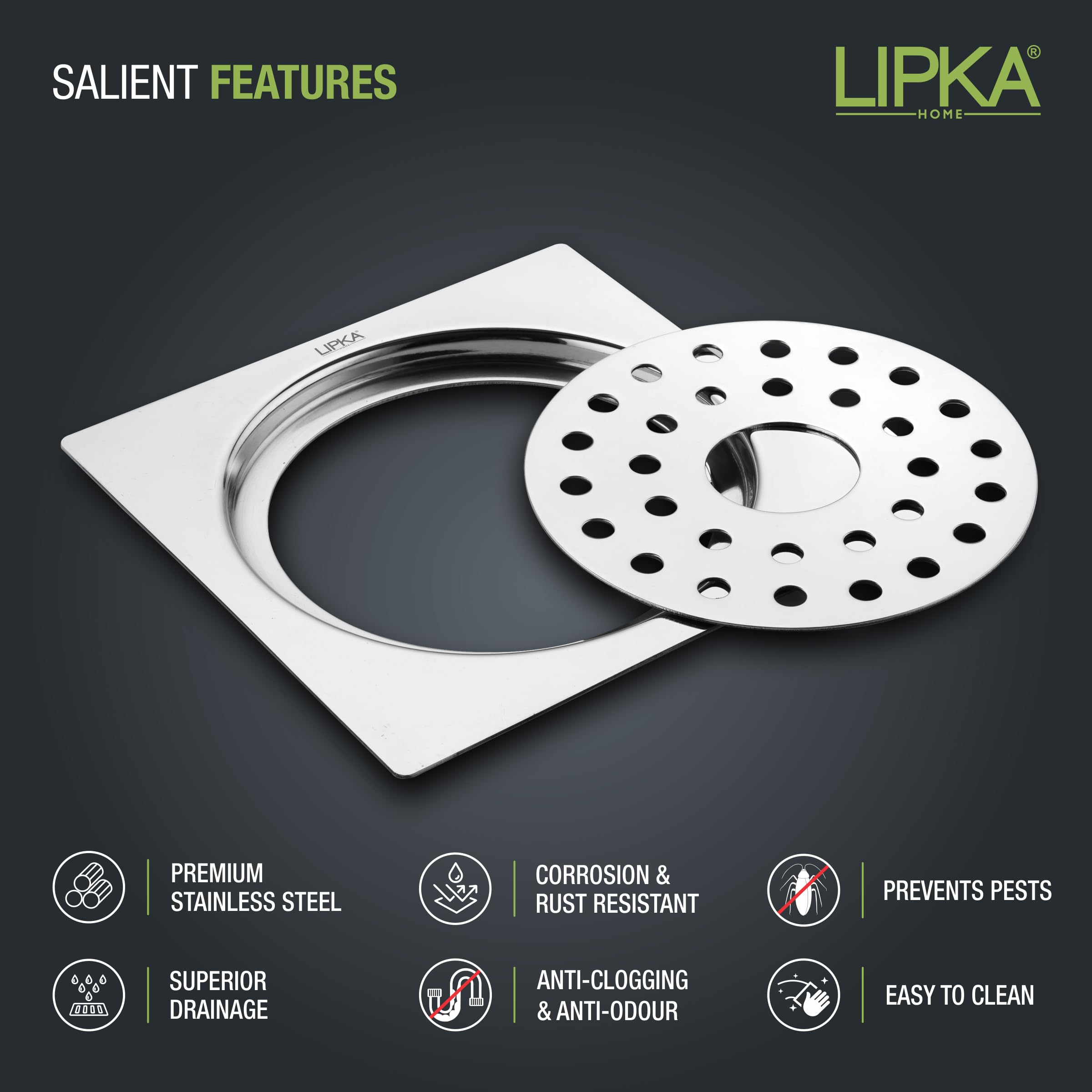 LIPKA 5 x 5 Inches Eon Square Flat Cut Plain Jali Floor Drain with Hole | Premium Stainless Steel | Floor Drain for Bathroom Silver 1