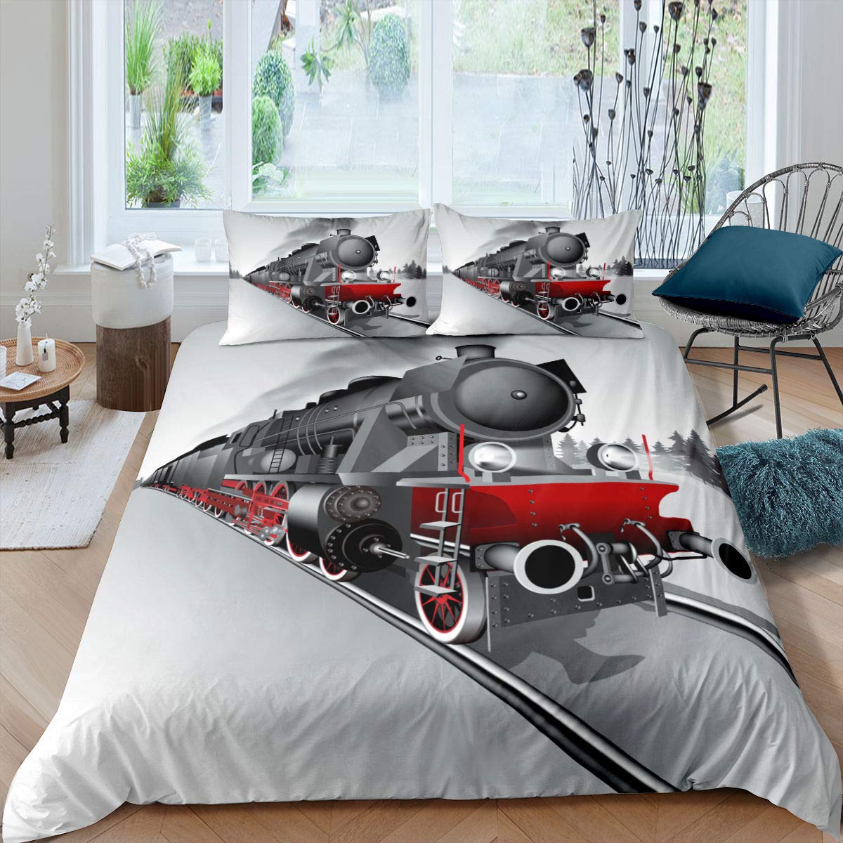 Steam Engine Comforter Cover Set Rustic Old Train Duvet Cover Single Size Cartoon Vehicle Bedding Set Lightweight For Teens Adult Bedroom Living Room Graphic Grey White Bedspread Cover — image 1