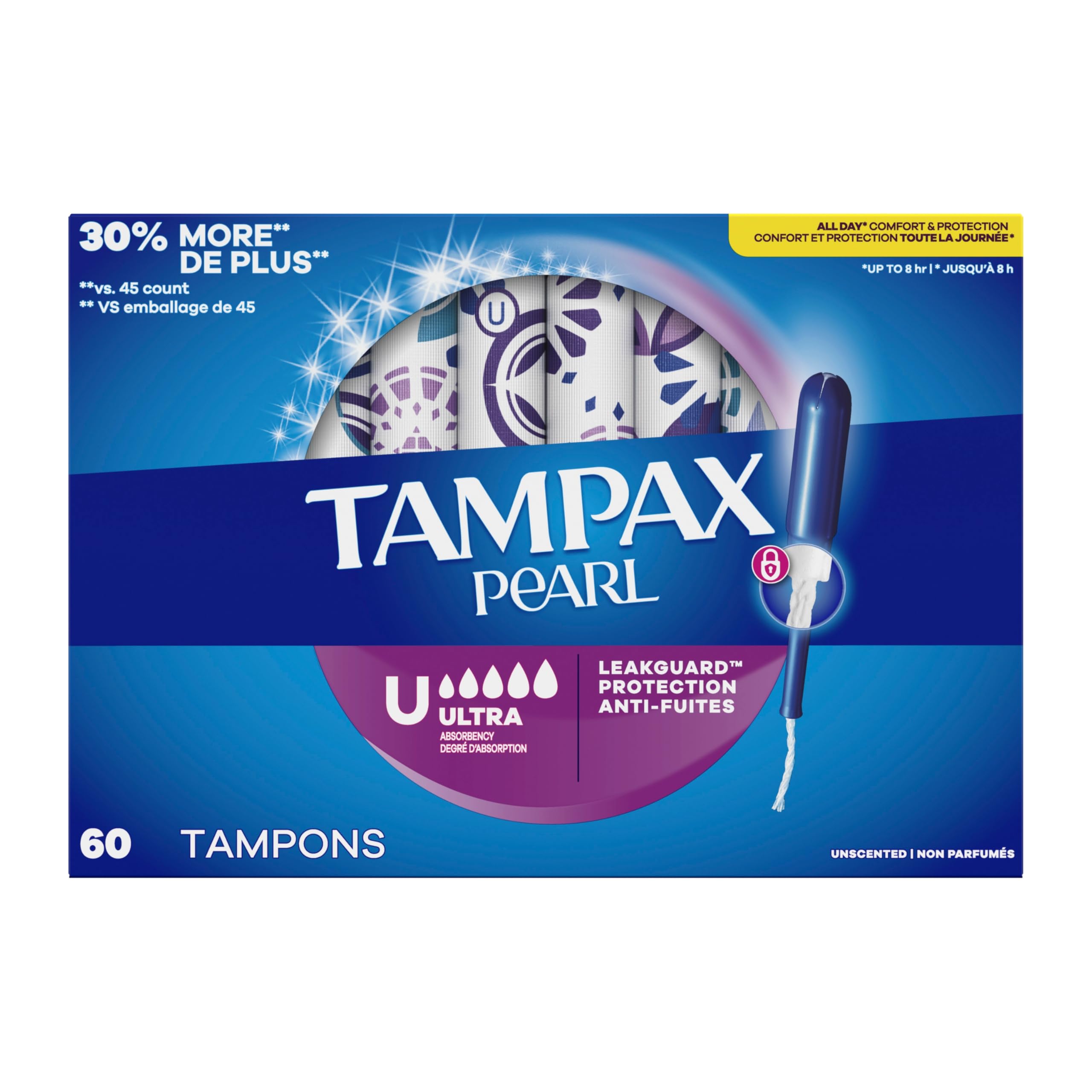 Tampax Pearl Tampons for Women, with LeakGuard Braid, Ultra Absorbency, Unscented, 60 Count