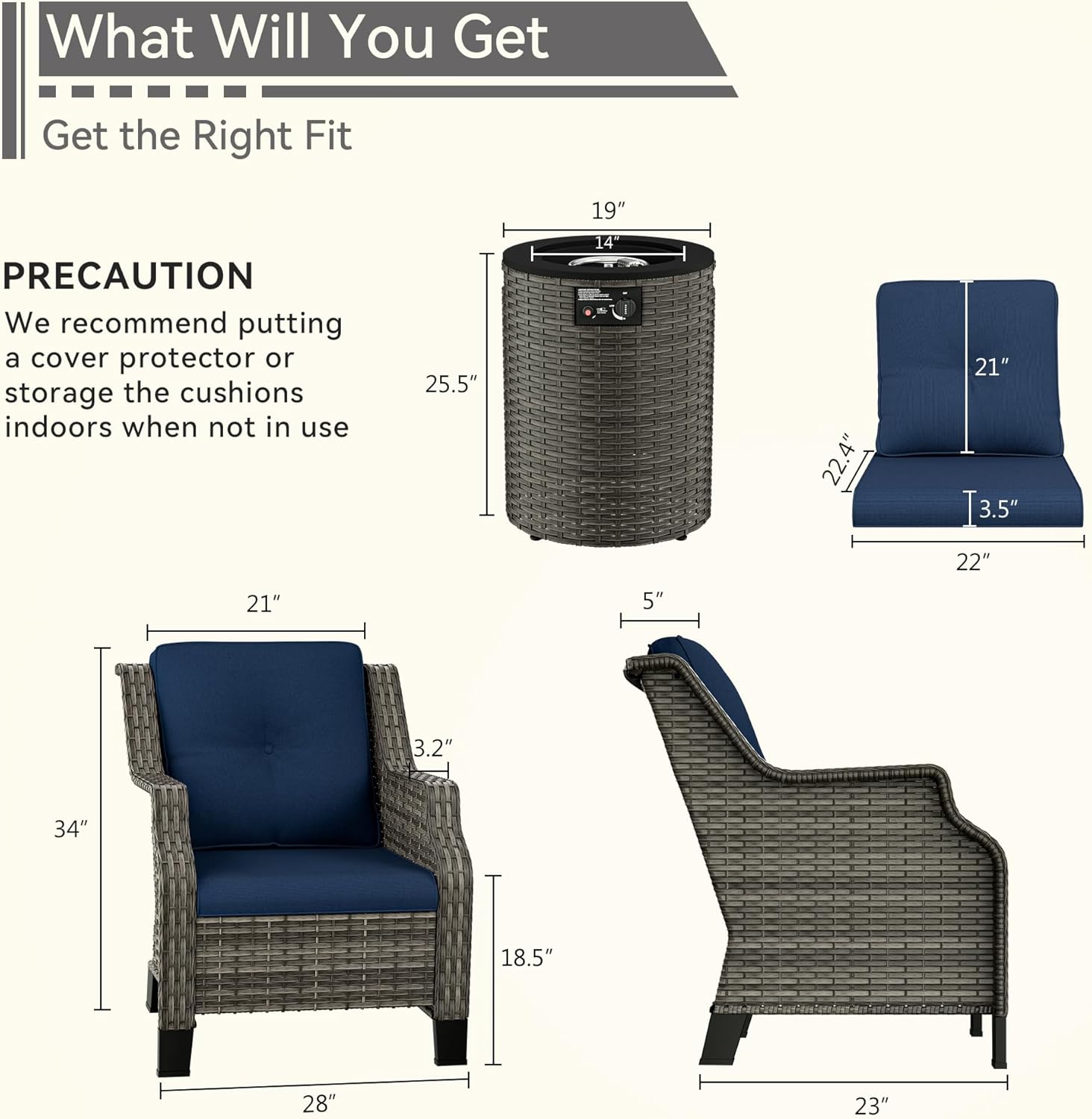 3-Piece Wicker Patio Furniture Set, 2 Armchairs and 1 Fire Pit, Conversation Set with Cushions, Blue