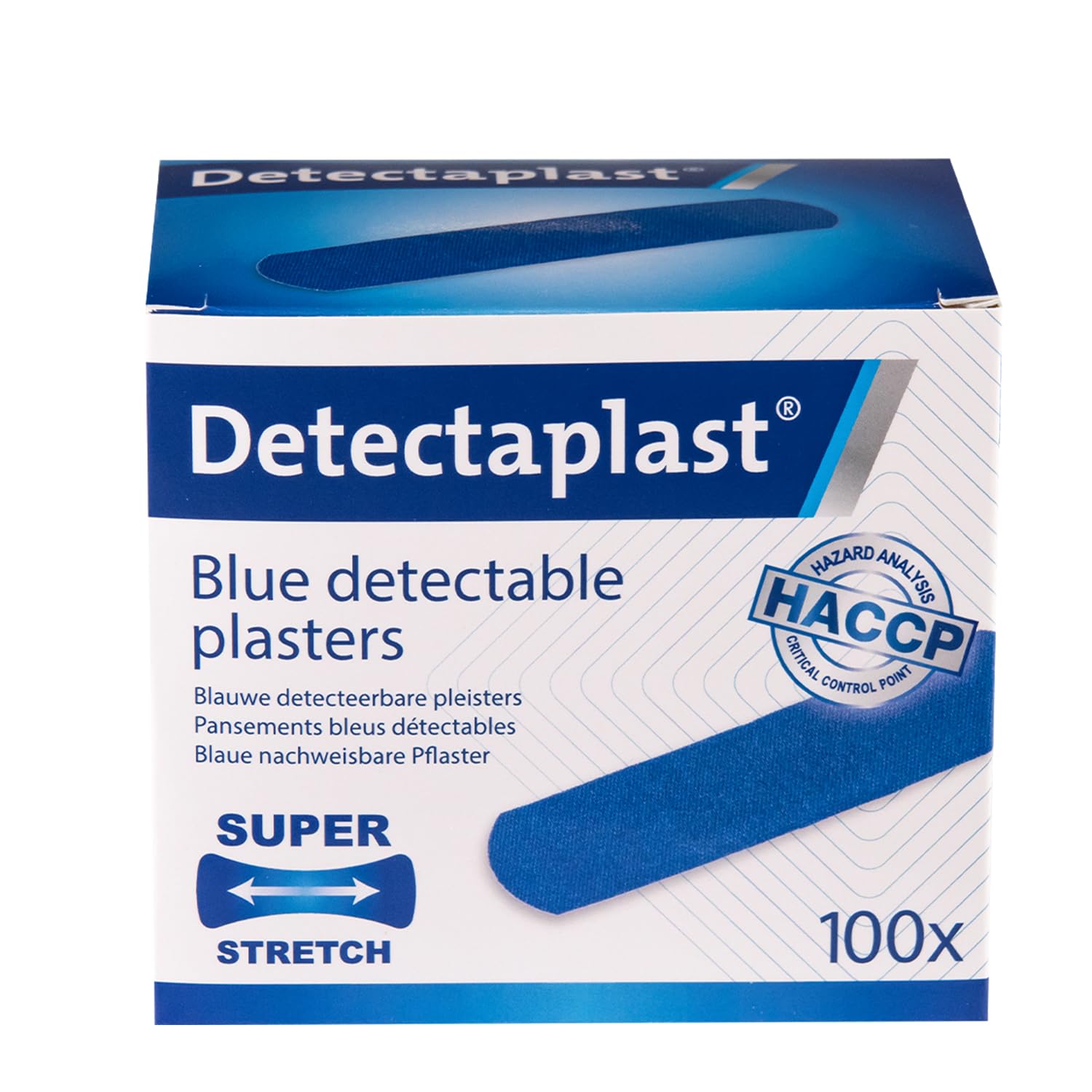 Detectaplast 100 x Waterproof Elastic Blue Food Handling Plasters, Detectable Plasters for First Aid Kits in Catering, 19 x 72 mm