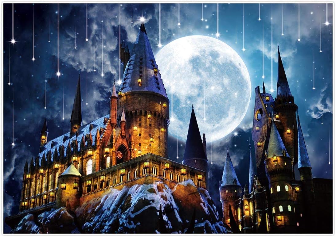 Allenjoy 7x5ft Magic Castle Wizard School Backdrop Photography Night Full Moon Background Kids Birthday Halloween Party Decoration Supplies Cake Table Banner Photo Booth Props
