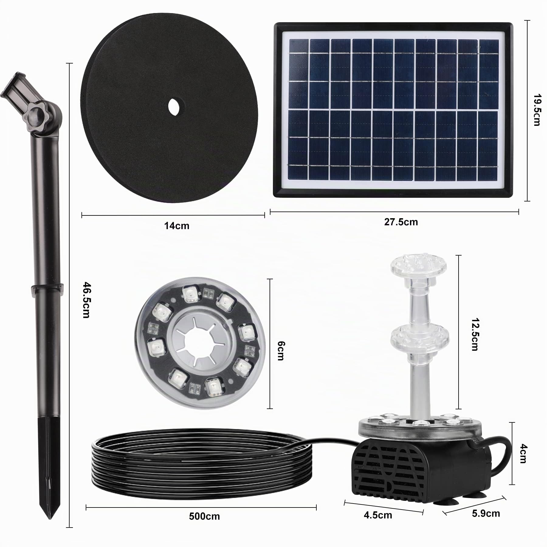 Fuente Solar LED con Panel Solar de 7W Incorporado 5000 Mah con 10 Estilos de Fuente para Jardines, Juegos acuáticos, baños de pájaros