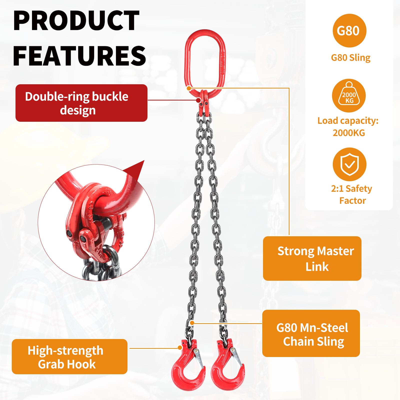 DBREAKS 2-Strang Kettengehänge, 2m 2T Krankette, Forstkette Rückekette, Anschlagketten mit Ø8mm Chokerkette Gabelkopfhaken, G80 Motorhebekette, Hohe Festigkeit Krangehänge