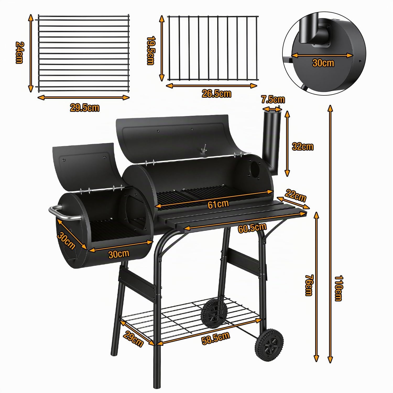 Barbecue a carbonella con 2 camere, carrello per barbecue con termometro, affumicatore per grigliare e affumicare indirettamente, barbecue da giardino con ripiani, nero