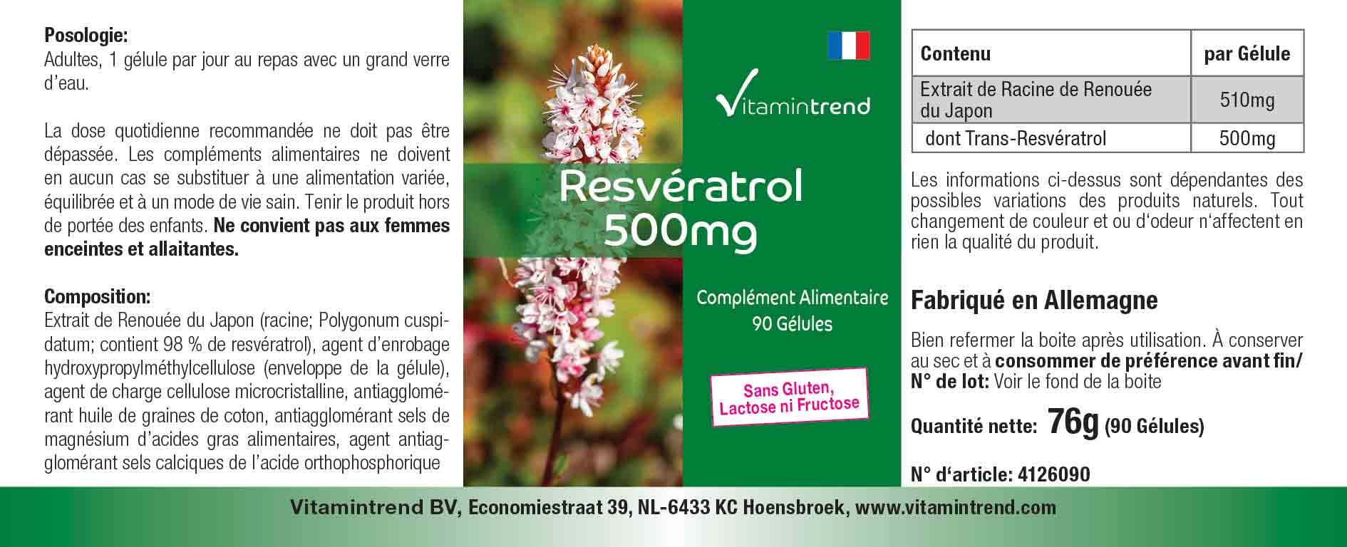 Vitamintrend Resvératrol 500 mg, 90 gélules d'extrait de renouée, hautement dosé, complément alimentaire végan sans stéarate de magnésium, fabriqué en Allemagne