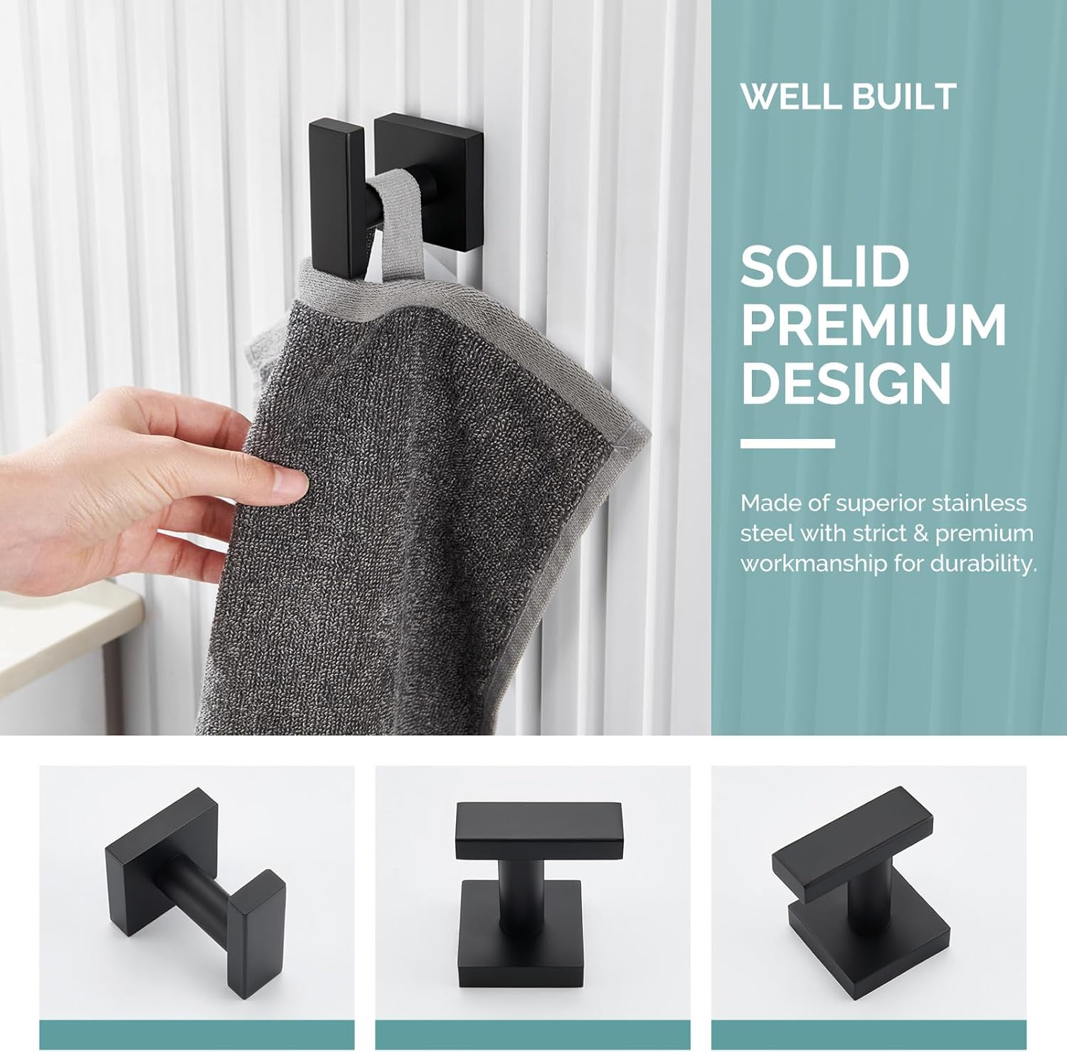 L Shape Bath Towel Hook 2 PCS Bundle with Square Single Robe Hook 2 PCS (Matte Black)