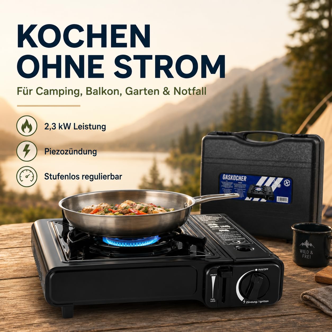 TruWare Camping Gaskocher für MSF-1A Kartuschen und Reduzierkreuz | 2,3 kW Leistung, CE geprüft, für Festival, Picknick oder Stromausfall