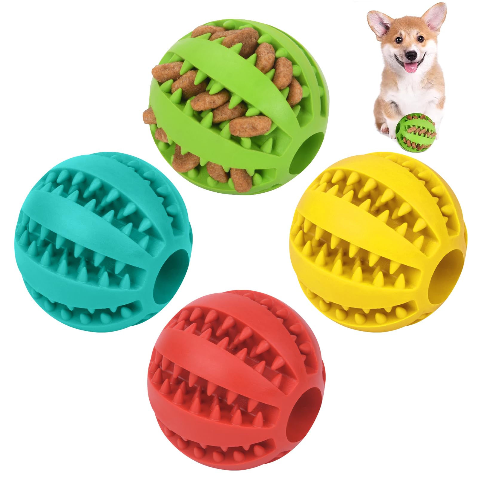 flintronic 4pcs Dog Toy Ball,Natural Rubber Doged Food Treat Balls with Mint Flavour,Feeder Balled Dogs Puzzle Toy Doging Tooth Cleaning Toy Balling,Interactive Dog Toys/5 CM