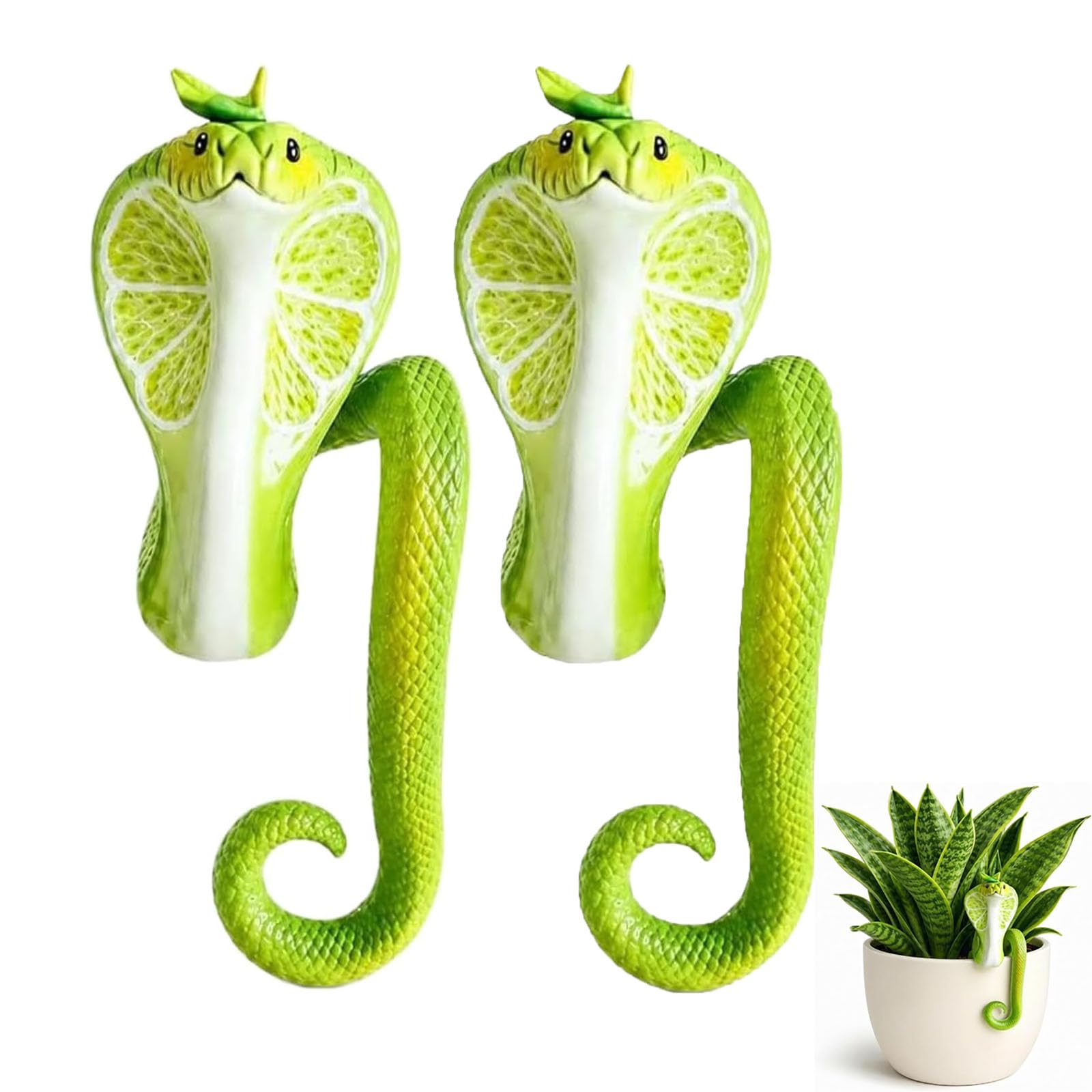 WEIWOGU Cobra Plant Pot Decor, Resin Snake Planter Hugger Figurine, Cute Green Leafy Planter Perch Ornament Art, Mini Pot Hanger Cobra Decor for Indoor Outdoor Balcony & Home Plant Lovers (2pcs)