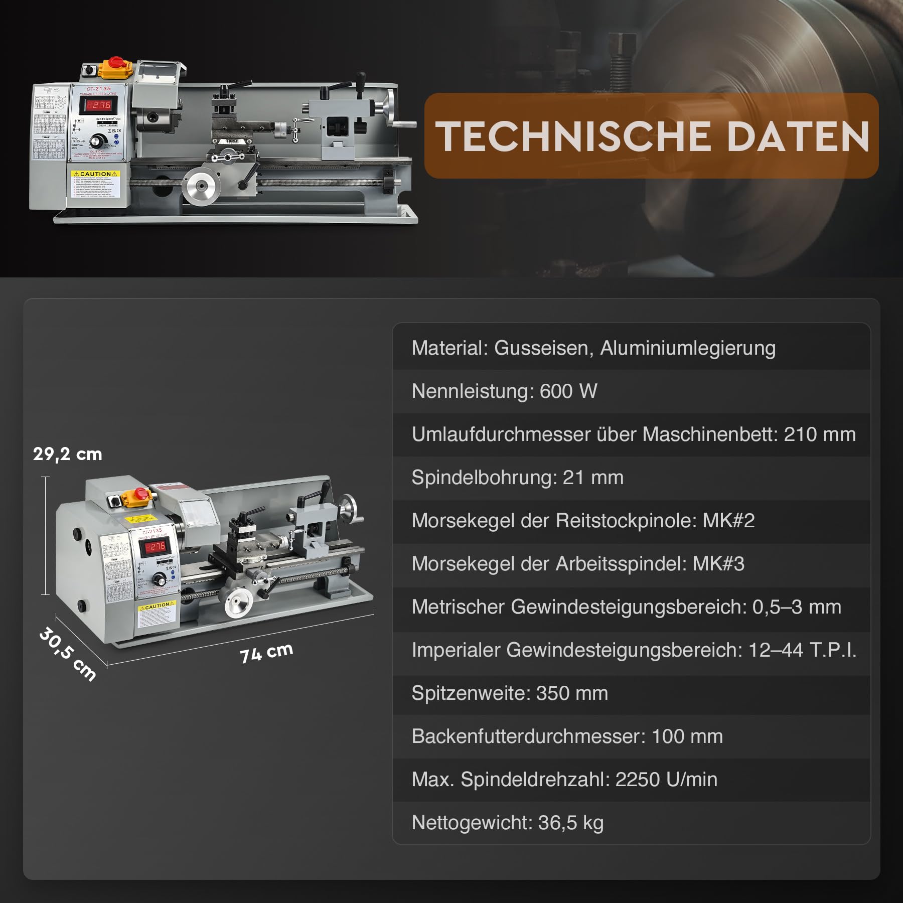CREWORKS Metalldrehmaschine 600W Drehmaschine 8 x 14 Zoll Tischdrehmaschine 210 x 350MM Drehbank Metall 2250 RPM Mini-Metalldrehmaschine für Metallbearbeitung Metal Lathe (8 x 14 Zoll)