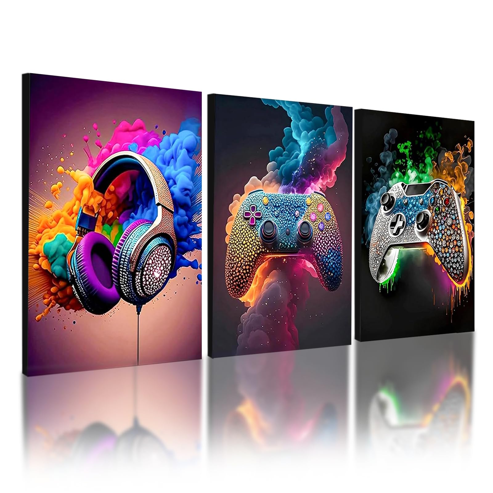 Rongxze 3 immagini da parete incorniciate, 40 x 30 cm, con strass scintillanti, gamepad, auricolari, decorazione da parete, tela HD per camera dei ragazzi, stanza dei giochi, Man Cave