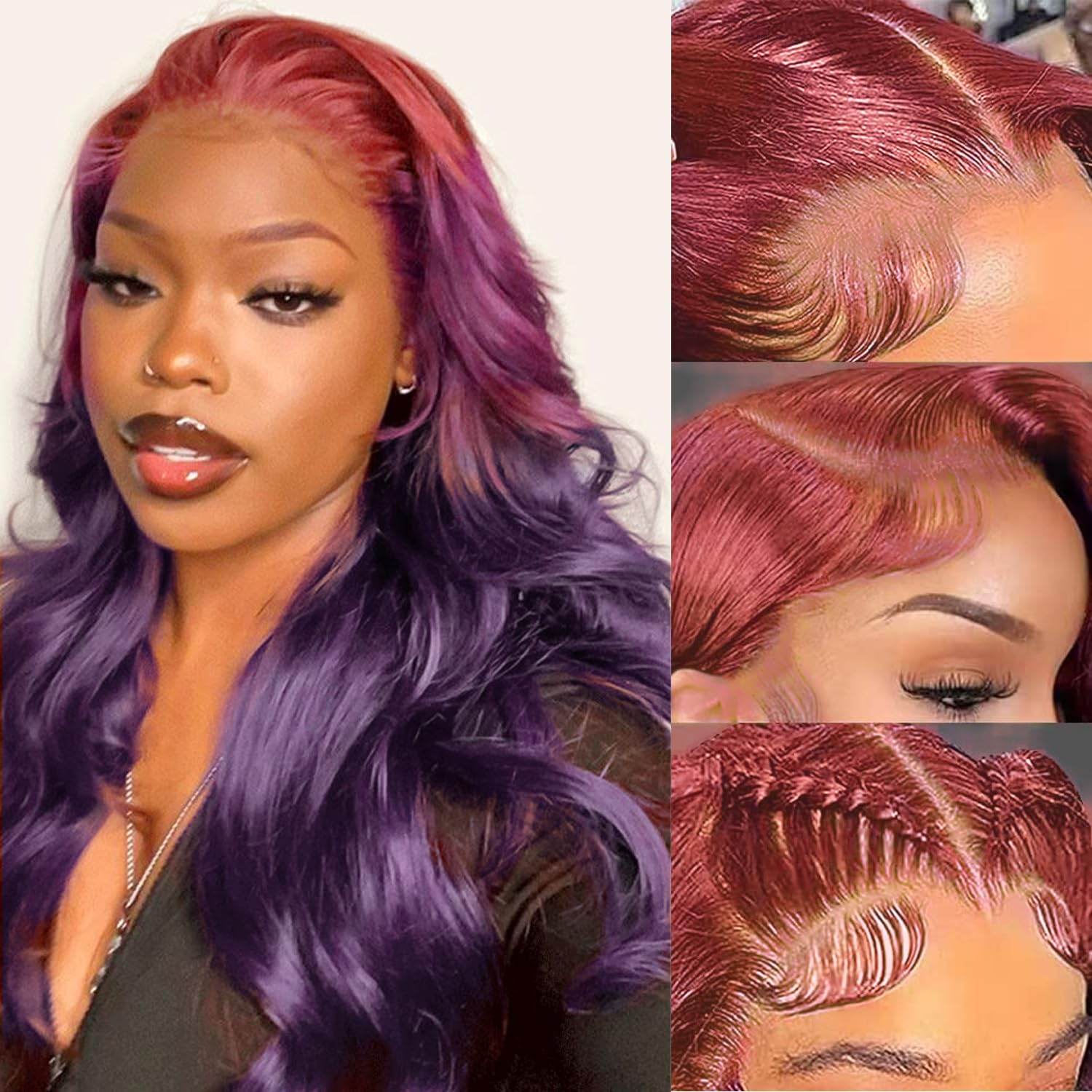 Purple Ombre 13x4 HD Lace Front Wig Human Hair Body Wave 3 Tone Pink to Purple Glueless Wigs Dark Pink Root Rainbow Colored Lace Frontal Wig 180% Density 20 Inch