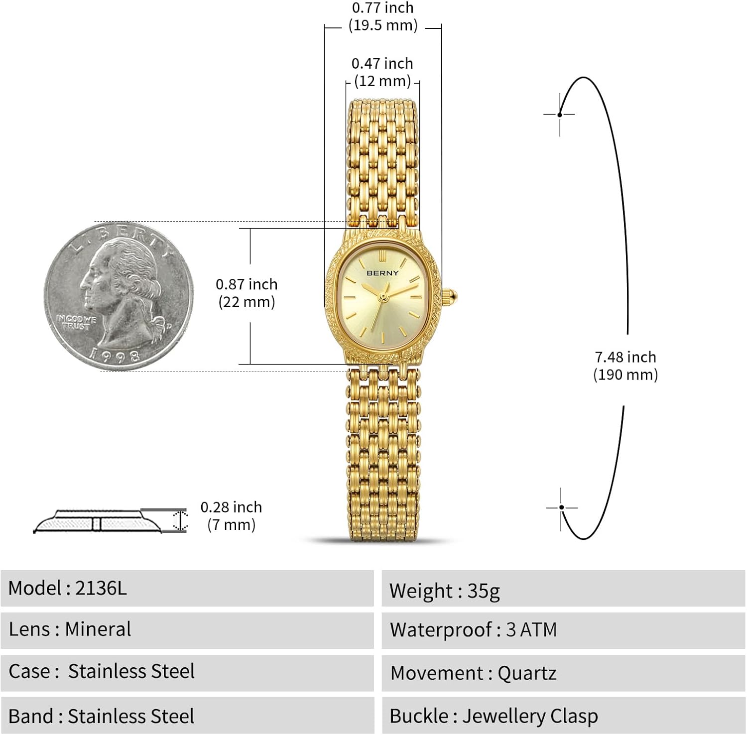 BERNY Gold Watches for Women Vintage Bracelet Wrist Watch Luxury Small Ladies Oval Quartz Watch with Tools Included - Image 6