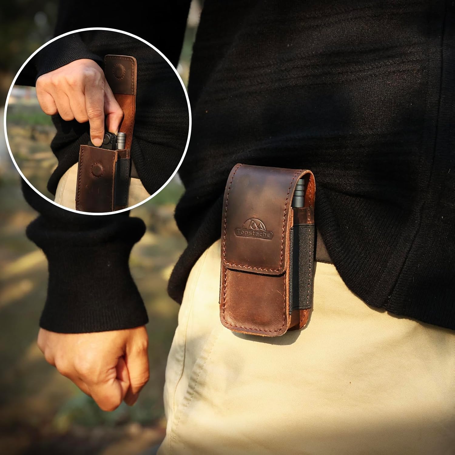 Topstache Leather Multitool Sheath - Belt Clip Multitool Holster for Leatherman - Leather Tool Pouch - Multi Tool Case Sheath for Belt - Magnetic Closure Pocket EDC Organizer, M,DarkBrown - Image 2