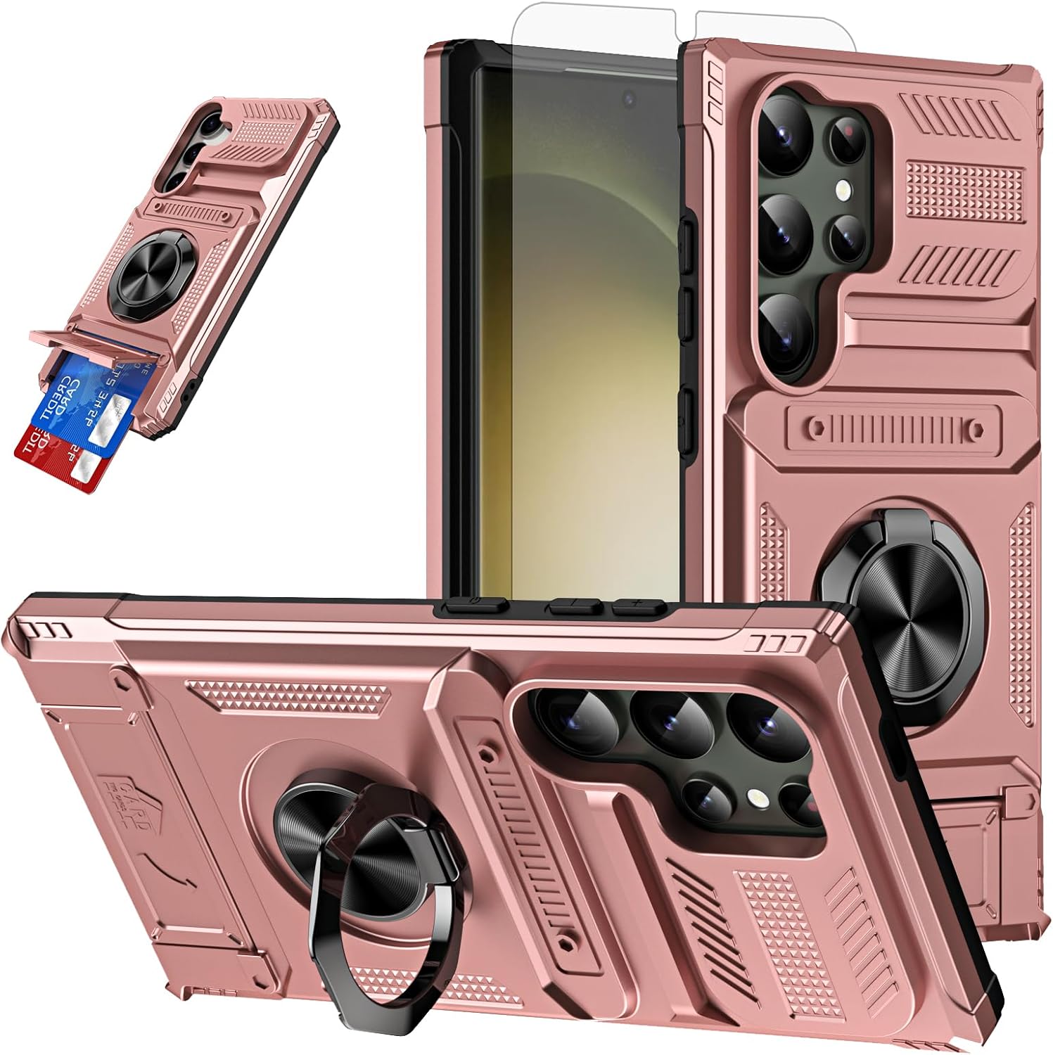 Furiet Phone Case for Samsung Galaxy S25 Ultra 5G with Tempered Glass Screen Protector Card Slot Ring Stand Shockproof Bumper Hybrid Two Layer Defender for S25Ultra 25S S 25 25Ultra 6.9 2025 Rose Gold