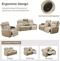 Vista 4 de Juego de sofá reclinable eléctrico para sala de estar, sofás reclinables de cuero caqui con puerto USB, sofá de cuero con sillón reclinable