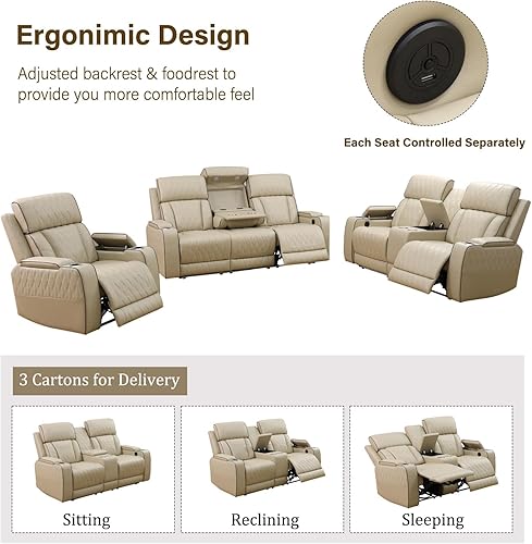 Miniatura 4 de Juego de sofá reclinable eléctrico para sala de estar, sofás reclinables de cuero caqui con puerto USB, sofá de cuero con sillón reclinable