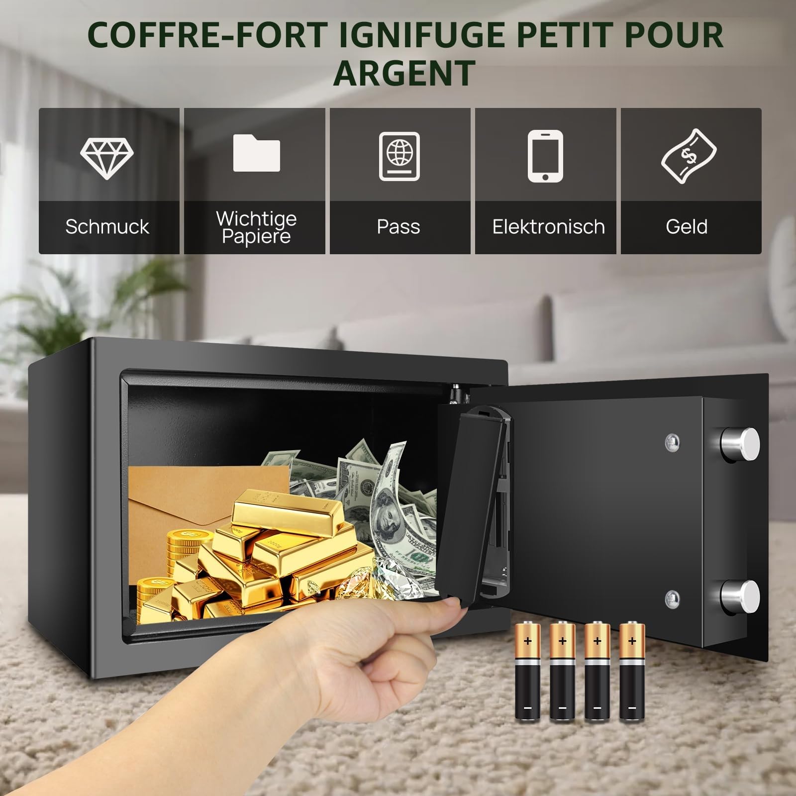 Coffre-fort ignifuge étanche - Coffre-fort ignifuge et étanche - Anti-effraction, compact, mot de passe et clé pour argent liquide, médicaments, bijoux, 31 x 20 x 20 cm (l x P x H) - Noir