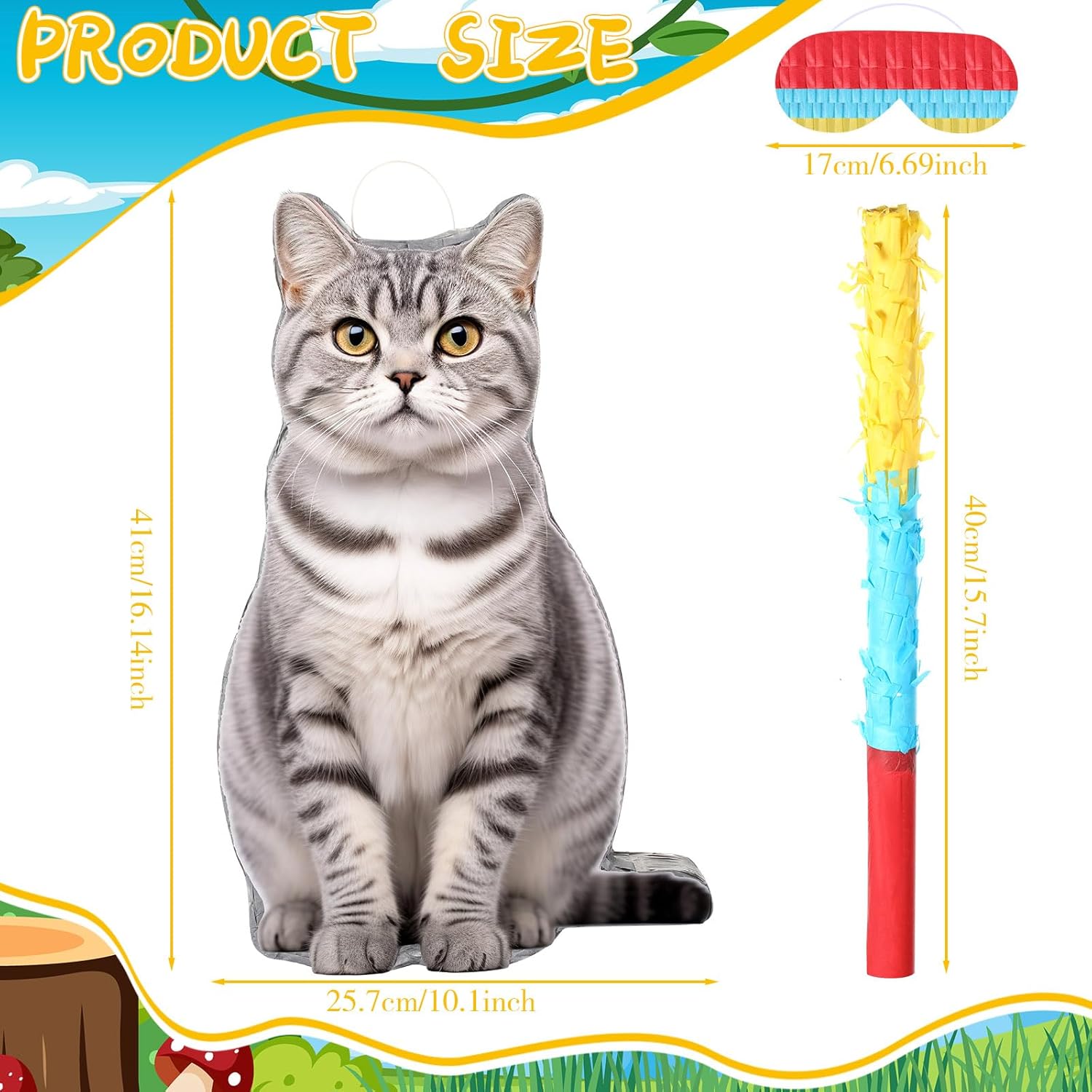 Sotiff Cat Piñata, Cat Party Piñata Game Set, Kitten Theme Piñata Pet Birthday Decoration with Bat Stick Blindfold Mask for Kitten Theme Pet Birthday Party Piñata Decoration Supplies(Gray)