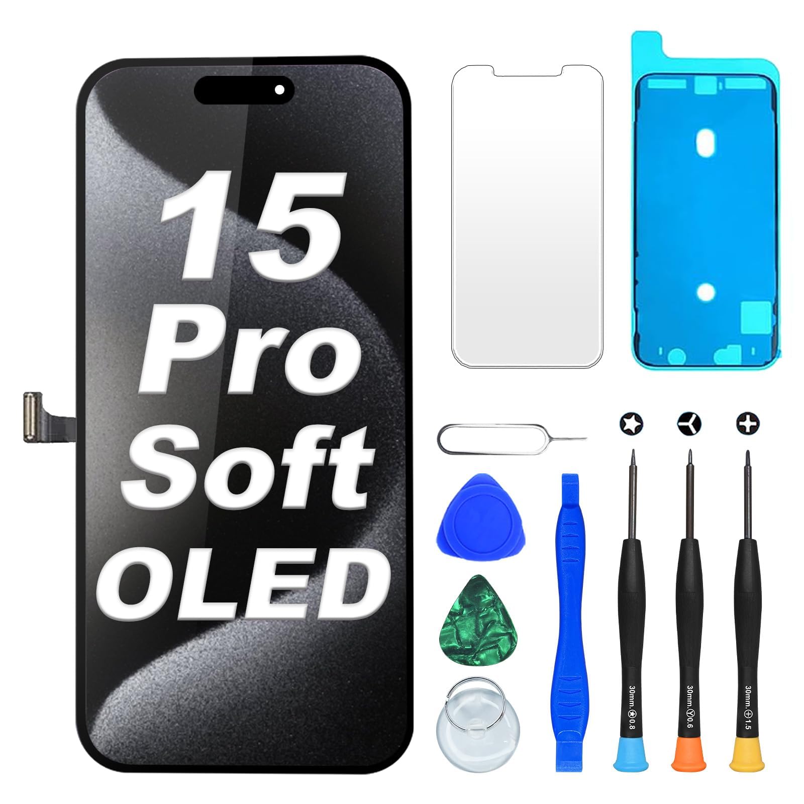 DIGI4U Repuesto de pantalla OLED suave para iPhone 15 Pro, pantalla FHD de 6,1 pulgadas, pantalla táctil Truetone COP con herramienta de reparación, protector de pantalla y adhesivo resistente al agua