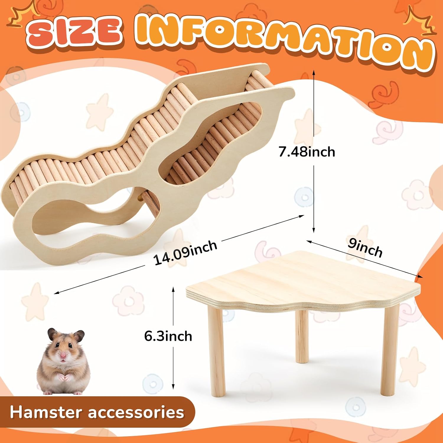 2 Pcs Wooden Hamster Accessories Tunnels Hides Enrichment Decor | Multi-level Climb Toy, Dwarf Gerbil Rat, Ladder Tunnel Hideout, Wood Habitat Enrichment for Cage Hides Play