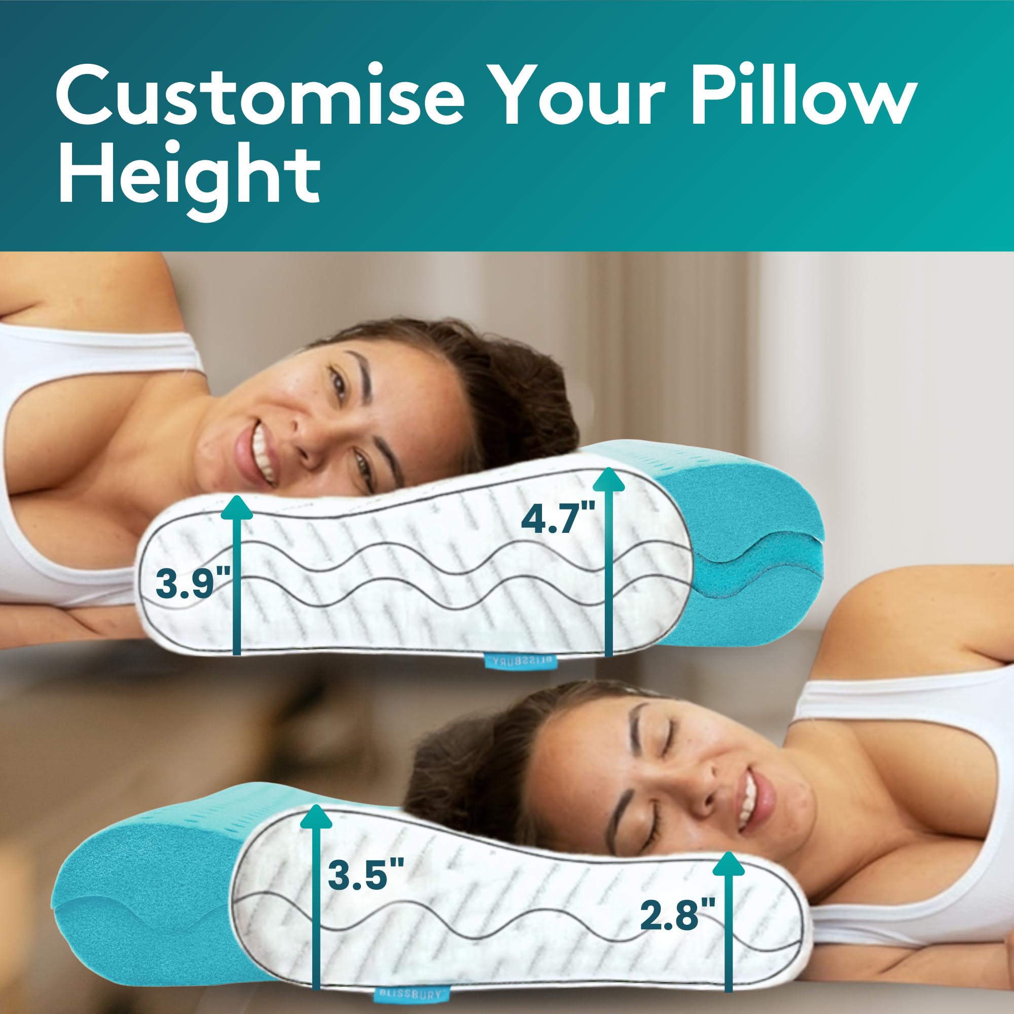 Blisbury, cuscino per contorno contorno in memory foam regolabile, cuscino cervicale per dolori al collo, supporto per schiena, stomaco, traversine laterali, include una custodia in bambù e schiuma