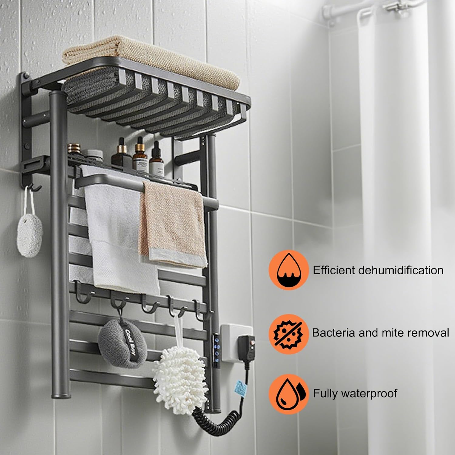 Wall Mounted Heated Towel Warmer Rack for Bathroom, Matching 8-Grid Electric Towel Warmer and 5 Hooks Auto Shut-Off Timer, LED Display Panel, Carbon Fiber Heating Ldeal for The Bathroom