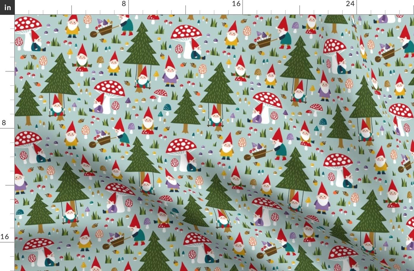 Spoonflower Fabric - Happy Gnomes Playing Gnome Mushroom Forest Nature Printed on Organic Cotton Sateen Fabric by The Yard - Sewing Quilting Apparel Home Decor