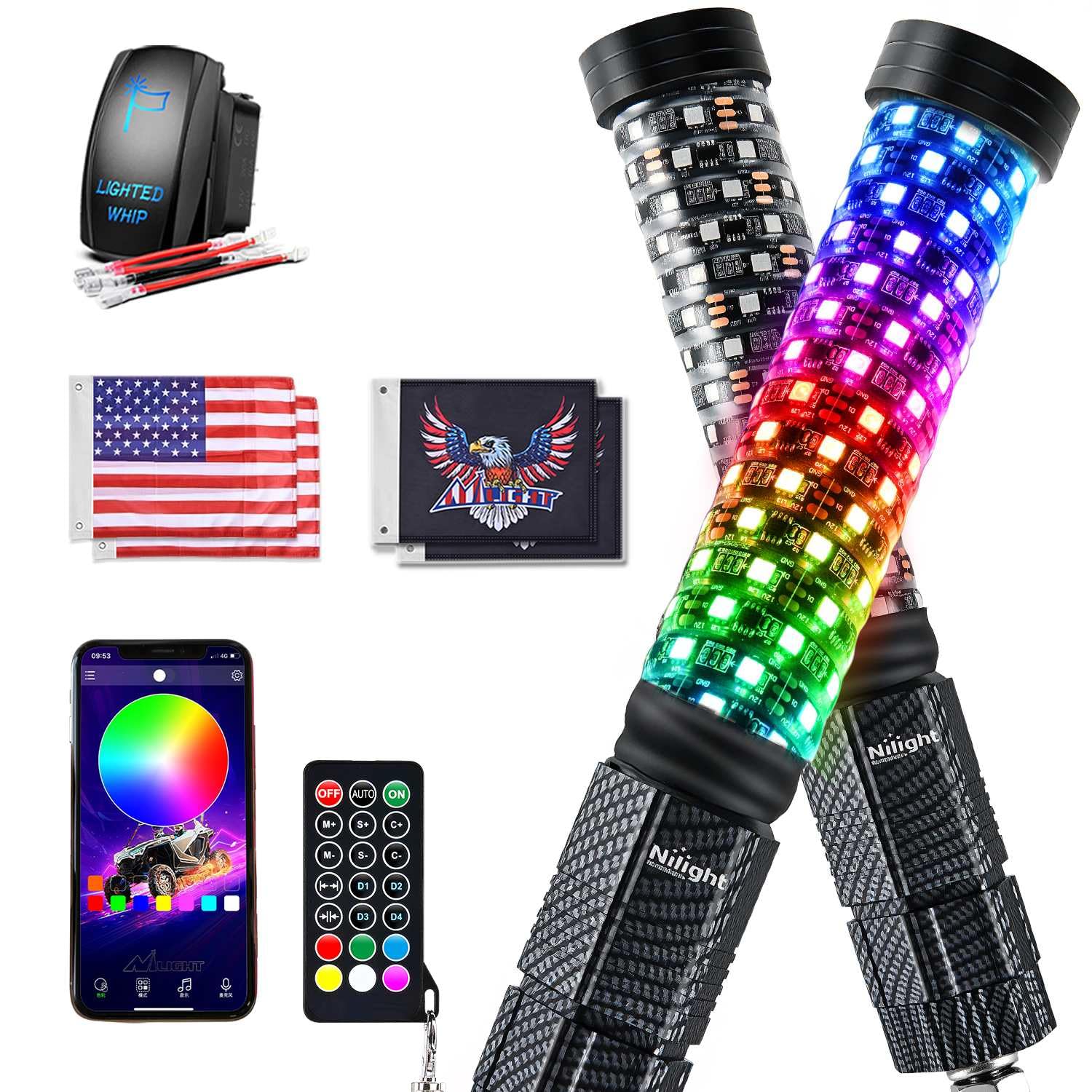 Nilight RGB LED Fat Whip Light 2PCS 1FT Lighted Antenna Whips