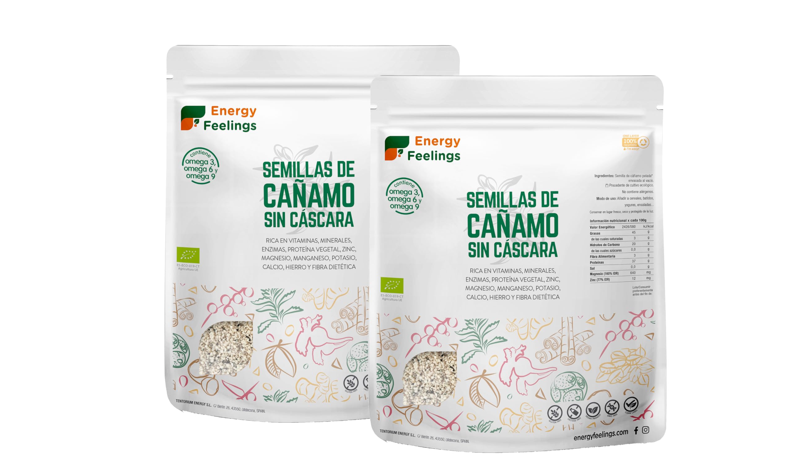 Energy Feelings Semilla de Cáñamo Ecológico sin Cáscara - 1000 gr, 30% de Proteína, Remedio para Prevenir Artritis, Ricas en Vitaminas B, Sin Lactosa, Sin Gluten y Sin Azúcar Añadido, Pack XL
