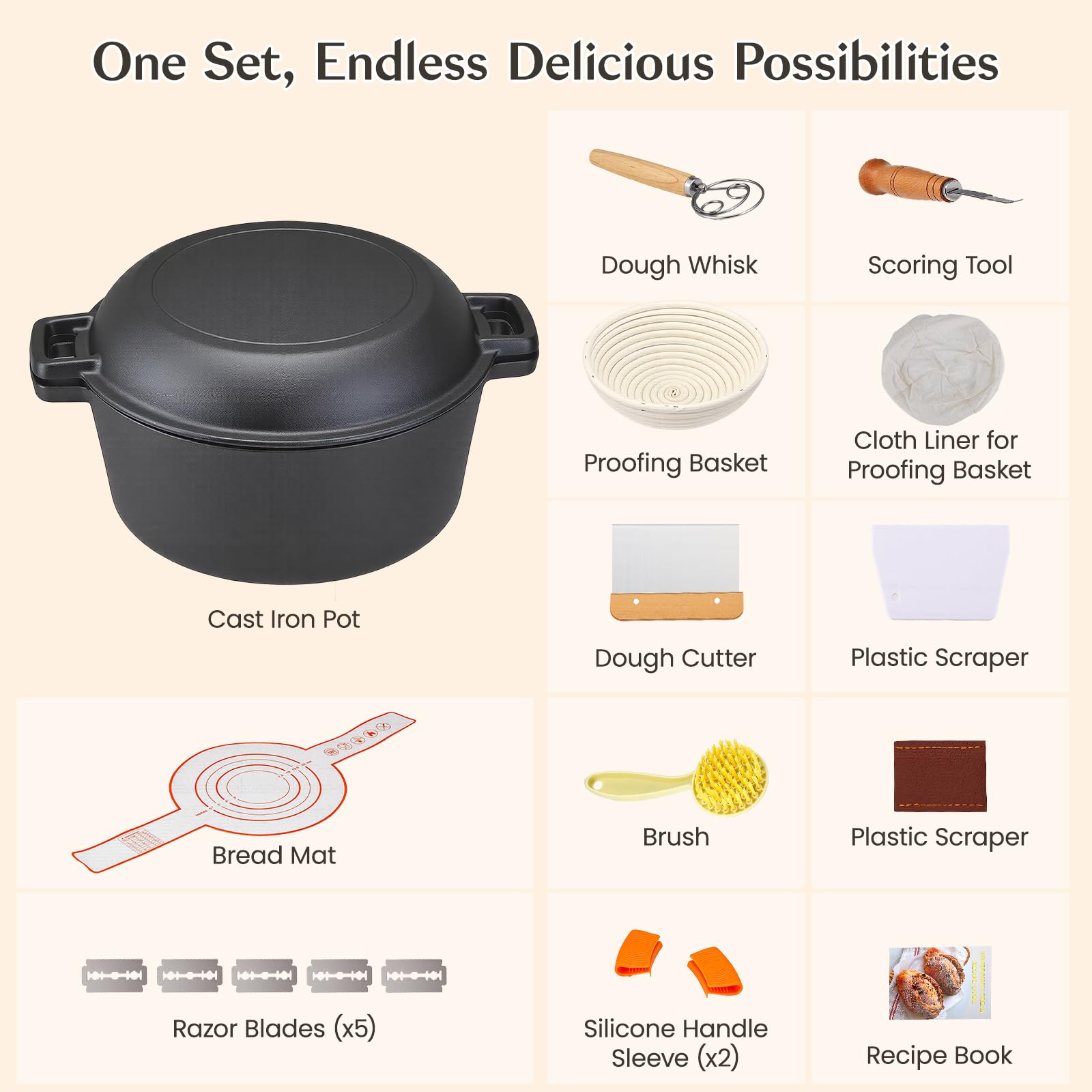 Gusseisen Dutch Oven Brotbacktopf Set 17-teilig 26cm|Vorgereizt & Sofort Einsatzbereit|Deckel als Pfanne & Schmortopf | Gärkorb Teigschaber Rezeptbuch | Induktion Gas Ofen für Brot, Steak & Schmoren