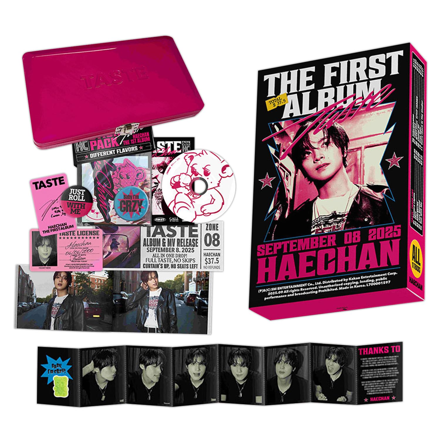 NCT HAECHAN - The 1st [TASTE] (Tin Case Ver.) Package Box + Mini Photo Book + Pin Badge + ID Card + Sticker Pack R + Ticket + 4 Extra Photocards