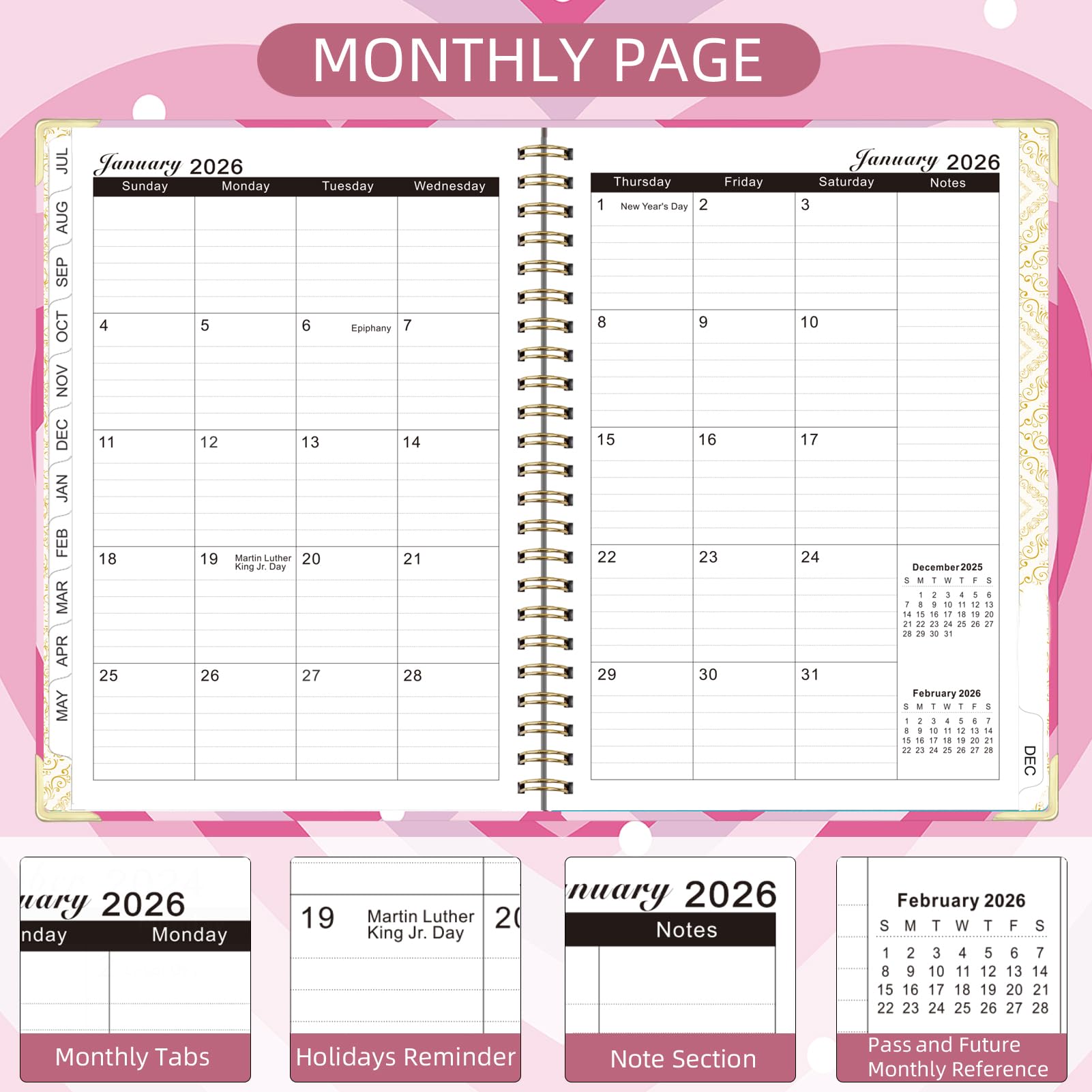 Knagsfa 2026 Planner, Jan.2026 - Dec.2026 Planner Weekly and Monthly 6.25"x8.5" with Page Tabs, Calendar Hardcover with Inner Pocket, Elastic Band, Twin-Wire Binding, Bookmark, Pink Big Heart - Image 4