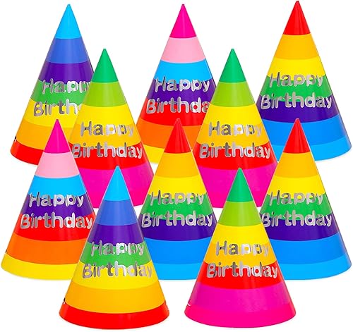 24 sombreros de fiesta de cumpleaños arco iris, coloridos sombreros de cono de fiesta de cumpleaños sombreros de papel arco iris suministros para