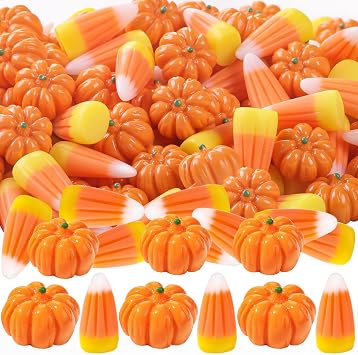 Vellibring 70pcs Halloween Mini Pumpkins Candy Corns Decorations,Thanksgiving Fake Resin Pumpkins Charms Artificial Candy Corns for Halloween Fall Vase Filler Scrapbooking Accessories