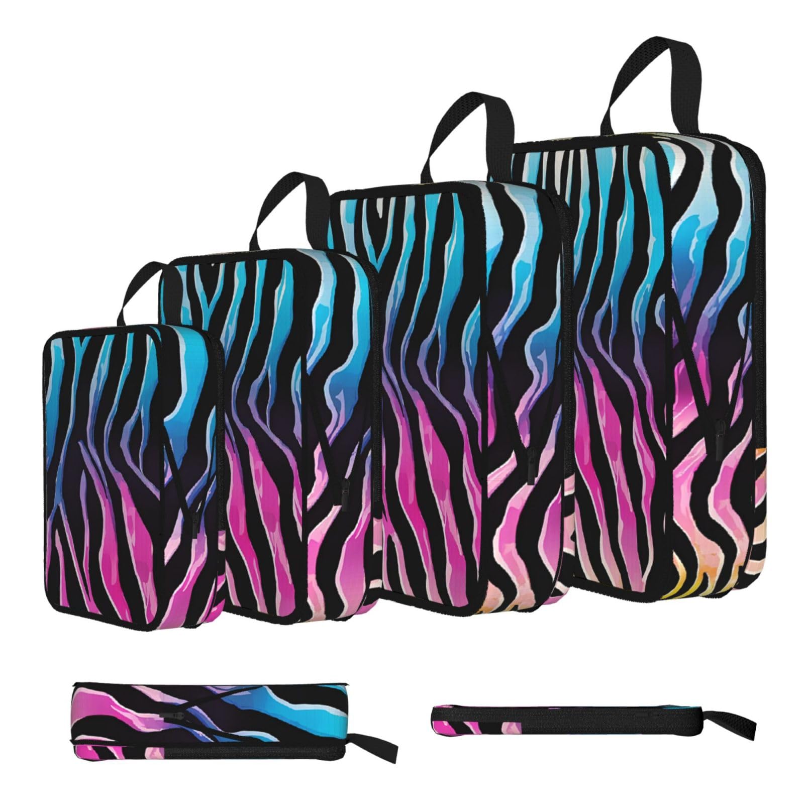 Ezdlowvba Black Colorful Rainbow Zebra Print Compression Packing Cubes 4-Piece Set With Multi- Compartment Travel Bag, Waterproof Suitcase Organiser Bags