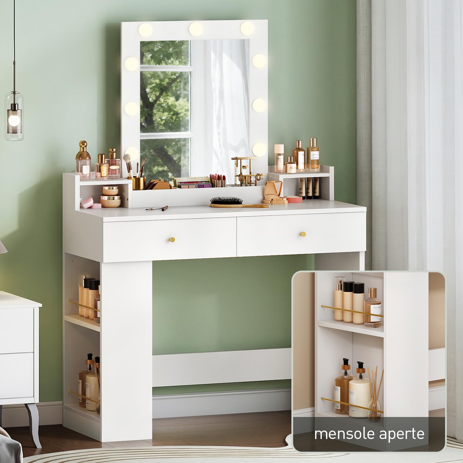 RALGEND Toeletta Trucco con Specchio e LED Regolabili, Postazione Trucco da Bianca con Cassetti e Scomparti Aperti, Tavolo per Camera da Letto e Spogliatoio, Bianco