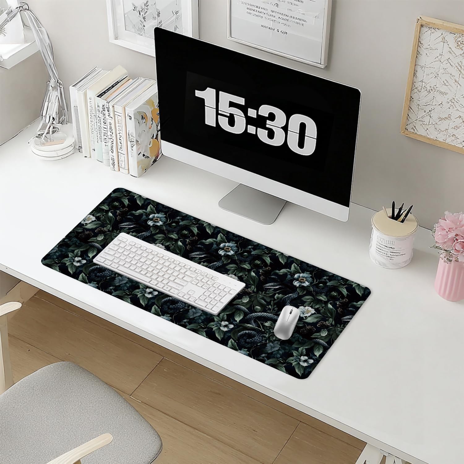 Dark Green Gothic Botanical Serpent Large Mouse Pad 31.5x15.7inch, Dark Academia Moody Witchy Floral Snake Big Extended Desk Mat Mousepad XL Gaming Keyboard Mat for Home Office Accessories - Image 6