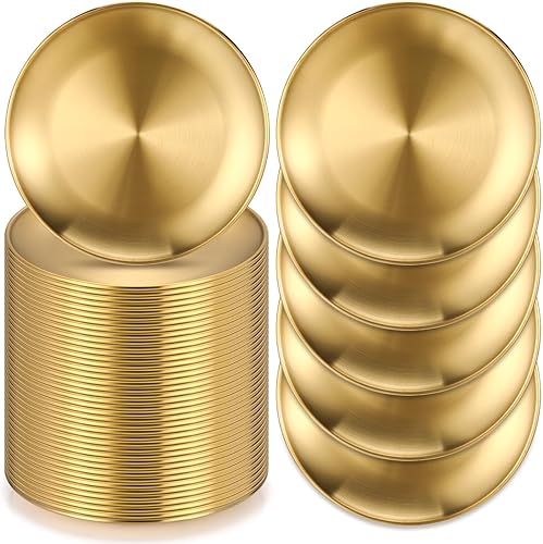 Miniatura 1 de Uiifan 40 platos de cena de acero inoxidable 304 dorados de 8 pulgadas para servir postres de metal plano, ensalada, platos de campamento,