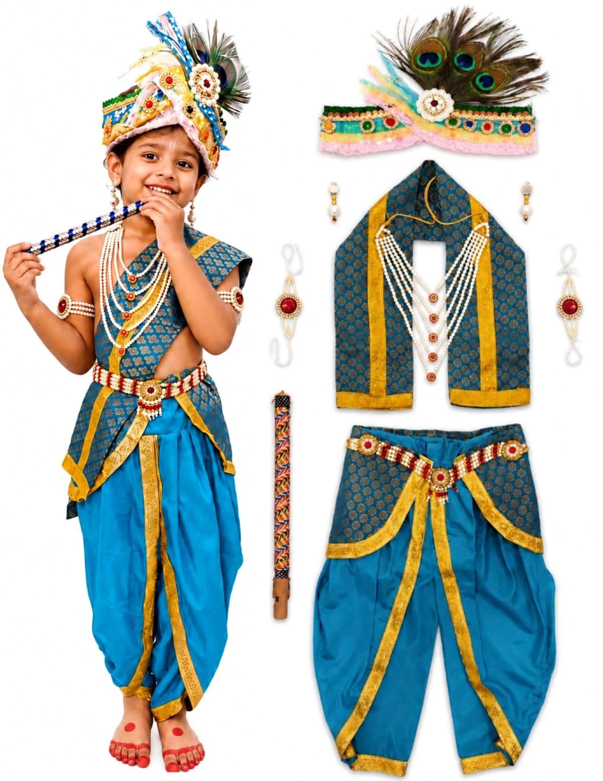 BookMyCostume Krishna Costume with Heavy Jewellery and Pagdi and Brocade - Janmashtami Complete Premium Dress for Baby Kanha Boys & Girls - Light Blue 4-5 Years