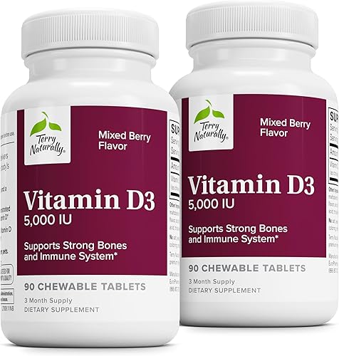 Terry Naturally Vitamina D3 - Suplemento de apoyo para la salud ósea y la fuerza ósea, apoyo al sistema inmunológico y al cerebro, tabletas de