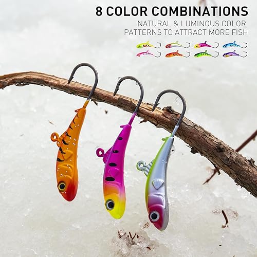 Miniatura 5 de Plantillas de pesca en hielo, 8 piezas de señuelos de pesca en hielo, anzuelos de cabeza de Walleye, señuelos de pesca en hielo de invierno, equipo