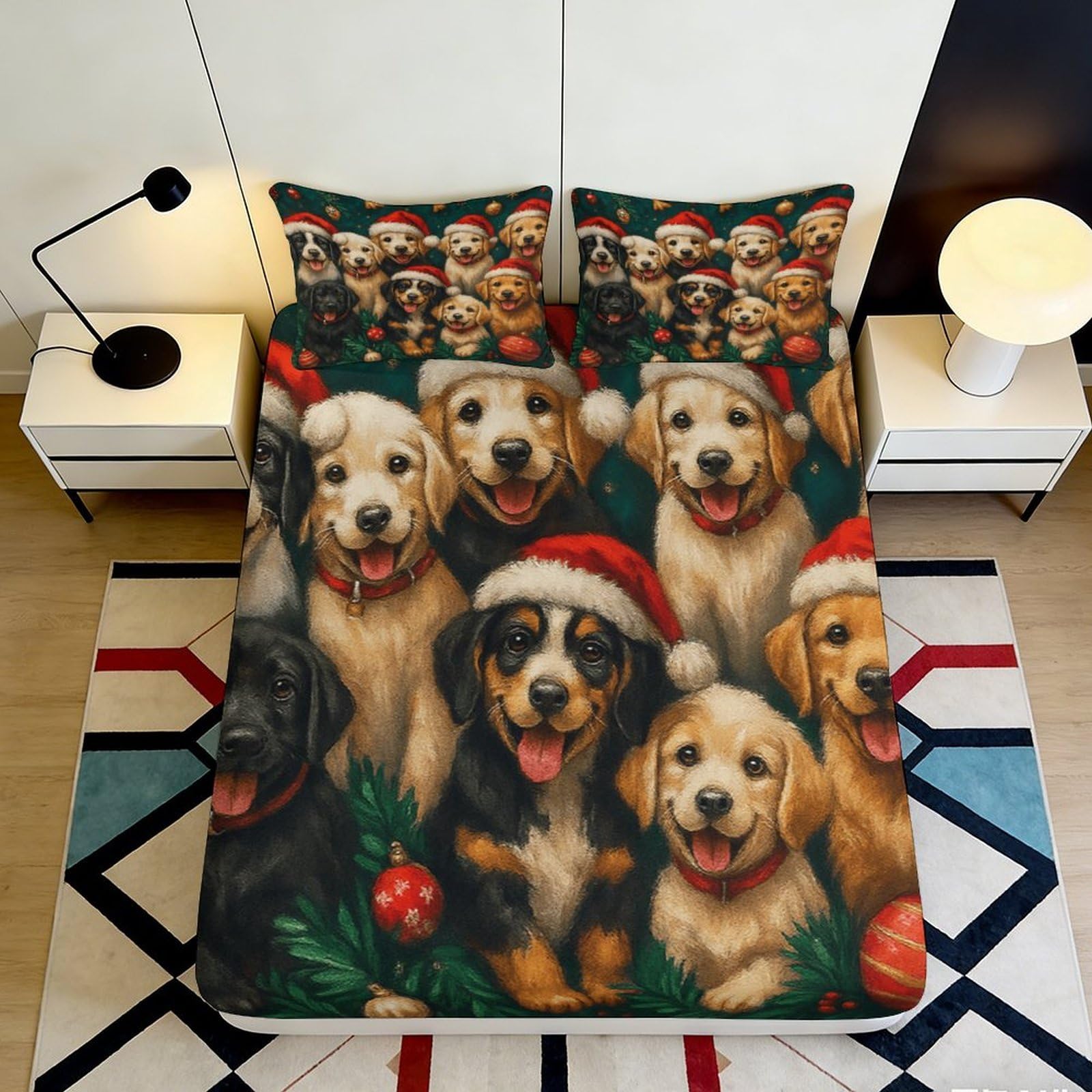3D Printed Christmas Puppy Fitted Sheet Microfiber Soft Festive Dog Pattern Bed Cover for Bedroom Guest Room Decor 90x200x25cm